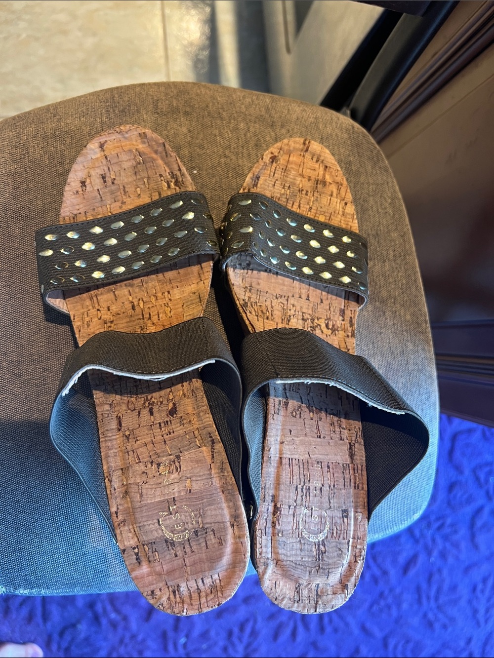 Women’s Olive Green Cork Slide Sandals with Stud Detail - Picture 4 of 7